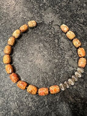 Handcrafted Navajo Style Orange Jasper Bead Necklace with Silver Accents Vintage